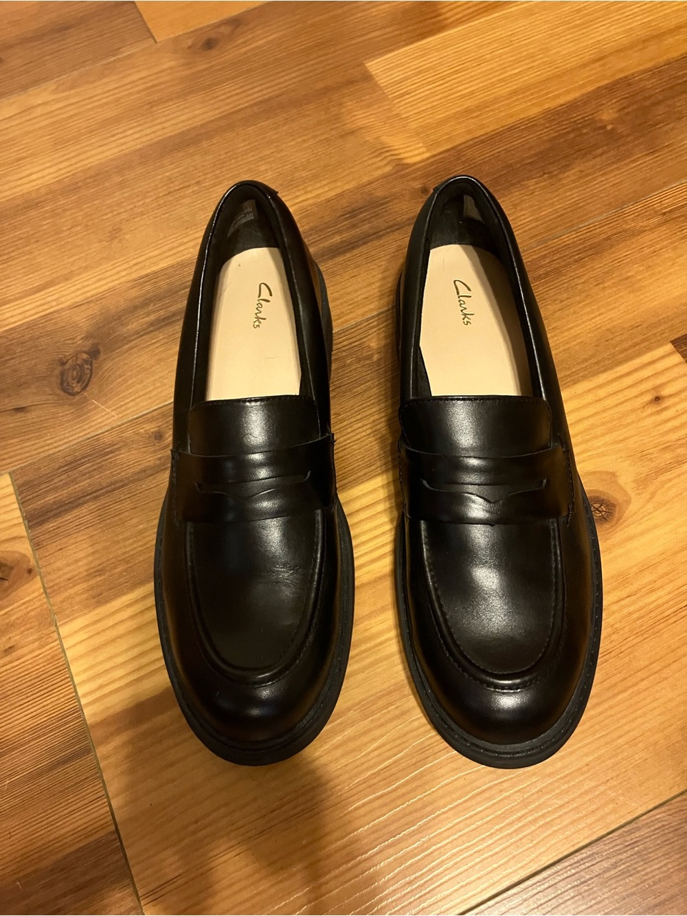 Clarks Black Leather Penny Loafers